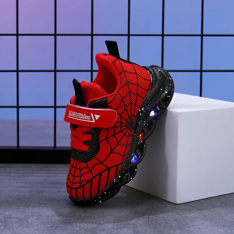 Disney LED Casual Sneakers Spider-Man Red Black For Spring Boys Mesh Outdoor Shoes Children Lighted Non-slip Shoes Size 21-30