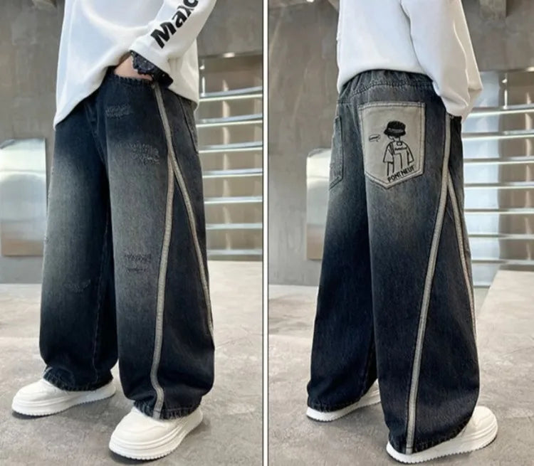 2025 New Boys Straight Jeans Big & Tall Kids Autumn Winter Denim Pants Boys Long Jeans