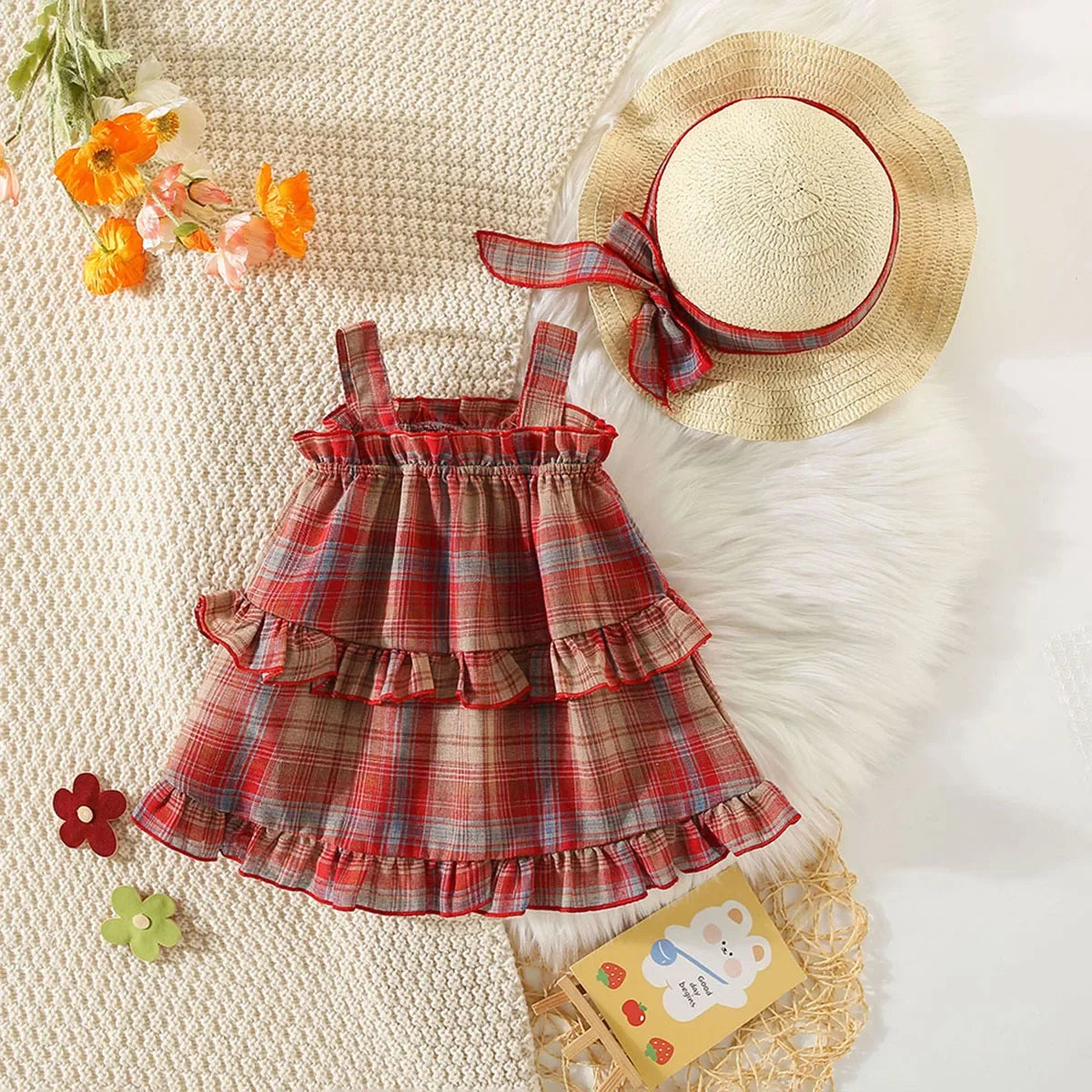 2Pcs/SetGirl's Dress Summer New Children's French Sweet Sling Dress Little Girl Red Checkered Cake Dress Comes with Hat