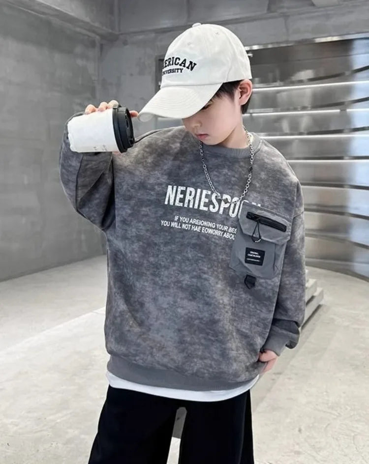 Boys' Middle/Big Kids 2025 New Spring/Autumn Long Sleeve Korean Style Edgy Loose Fit Sweatshirt Tops