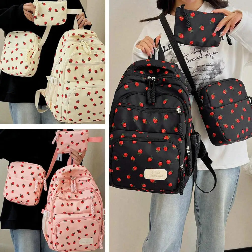 Corduroy Backpack three piece set Strawberry Print Daily Casual Backpack Niche Large Capacity Commuting Light Backpack