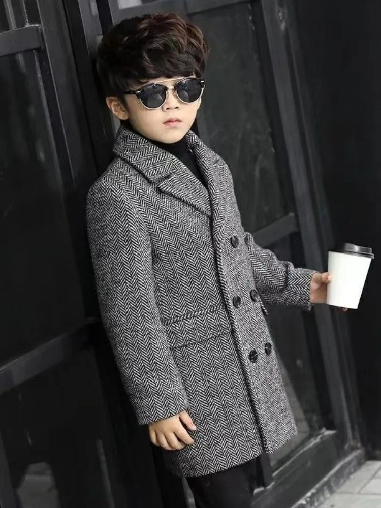 Boys Autumn Winter Quilted Thickened Wool Coat Korean Style New Big Kids Mid Length Stylish Coat