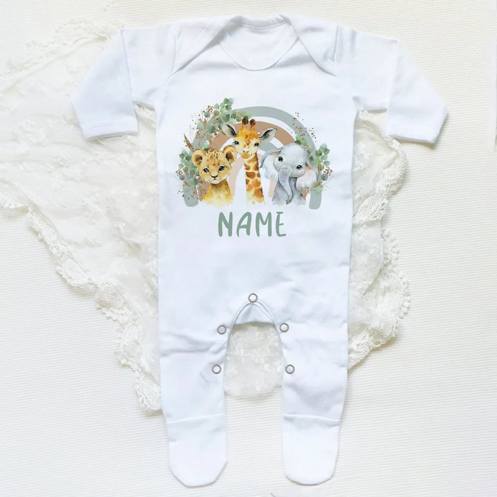 Personalised Forest Animal Rainbow Babygrow Sleepsuit Custom Name Infant Sleepsuit Baby Coming Home Outfit Newbron Shower Gift