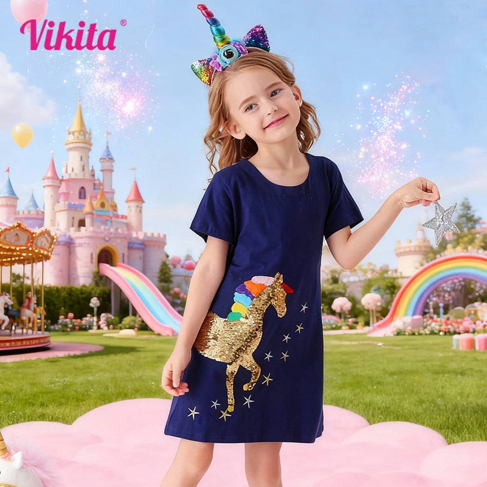 VIKITA Girls Summer Short Sleeve Straight Vestidos Kids Navy Blue Cotton Casual School Daily Licorne Sequined Appliqued Dresses