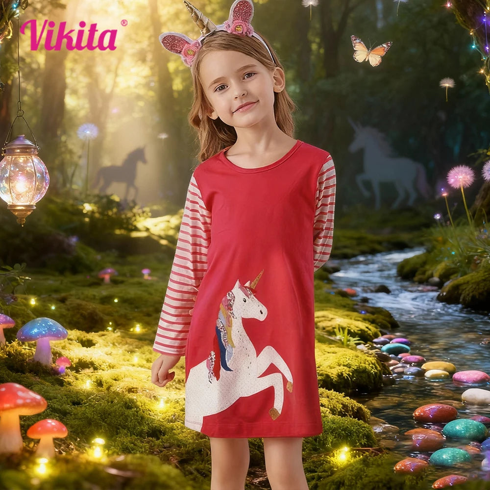 VIKITA Children Cotton Casual Daily School Straight Dress Kids Licorne Cartoon Appliqued Red Striped Long Sleeve Dresses 3-5 Yrs