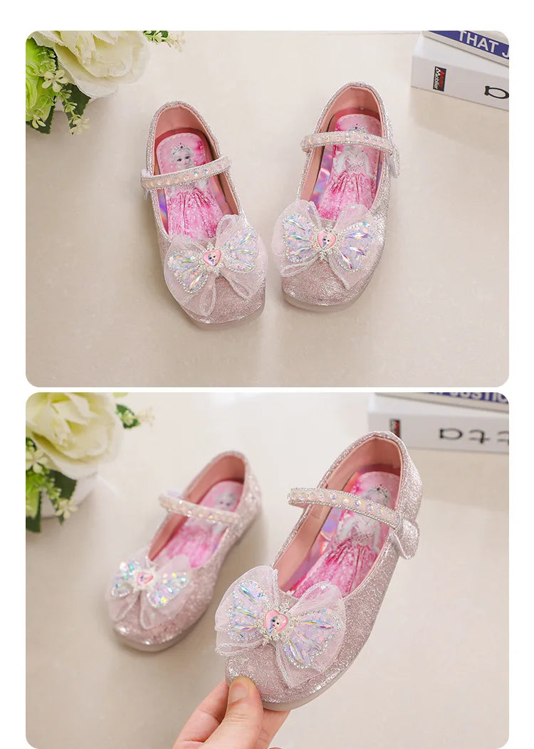 Kids'Casual Shoes Elsa Princess Frozen PU Leather Crystal Bow Spring Shoes For Girls Anti-slip Pink Blue Shoes Size 26-36