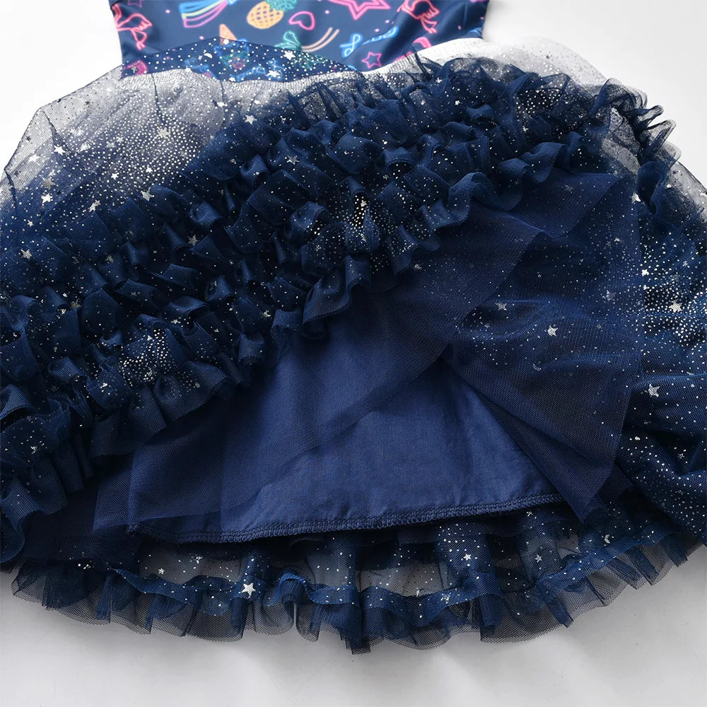Toddlers Sleeveless Polyester Dress Kids Stars Flamingo Pineapple Print Dress Kids Starry Gradient Tulle Mesh Elegant Dress