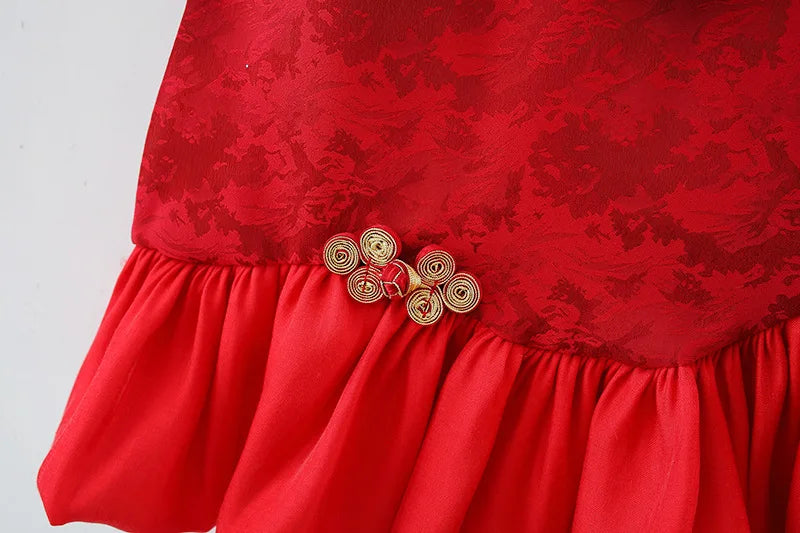 Summer New Chinese Retro Style Baby Girl Dress, Red Spring Festival Party Children'S Clothes Comes With Pendant (0 -3 Years）