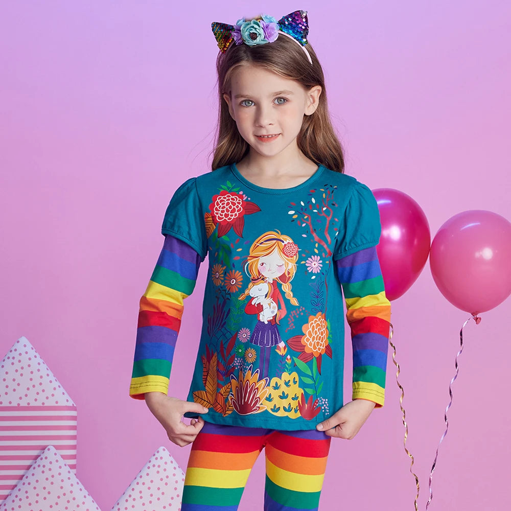 DXTON Winter Girls Tops Floral Printed Toddlers T-shirts Cotton Children Clothing Rainbow Long Sleeve Cartoon Kids Tees For Girl
