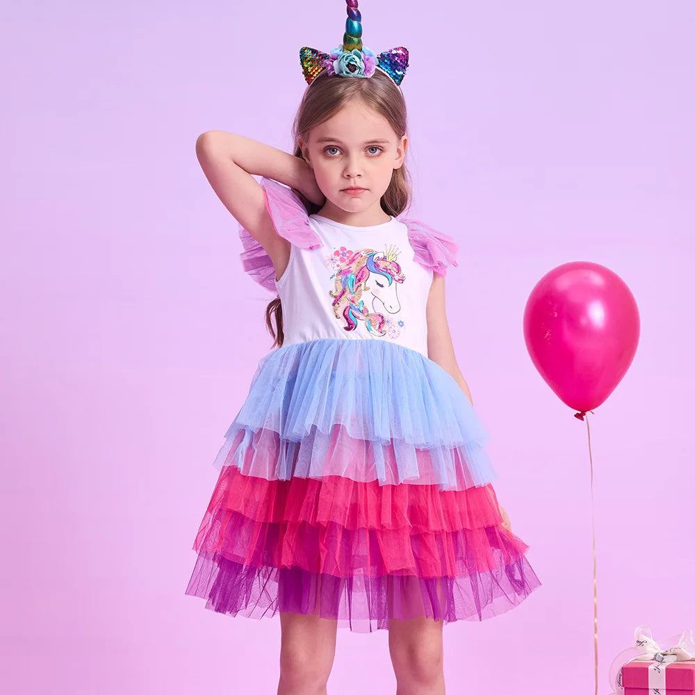VIKITA Teenagers Girls Licorne Sequined Appliqued Cartoon Dress Kids Colorful Tiered Tulle Layered Tutu Dresses for Summer 3-12Y