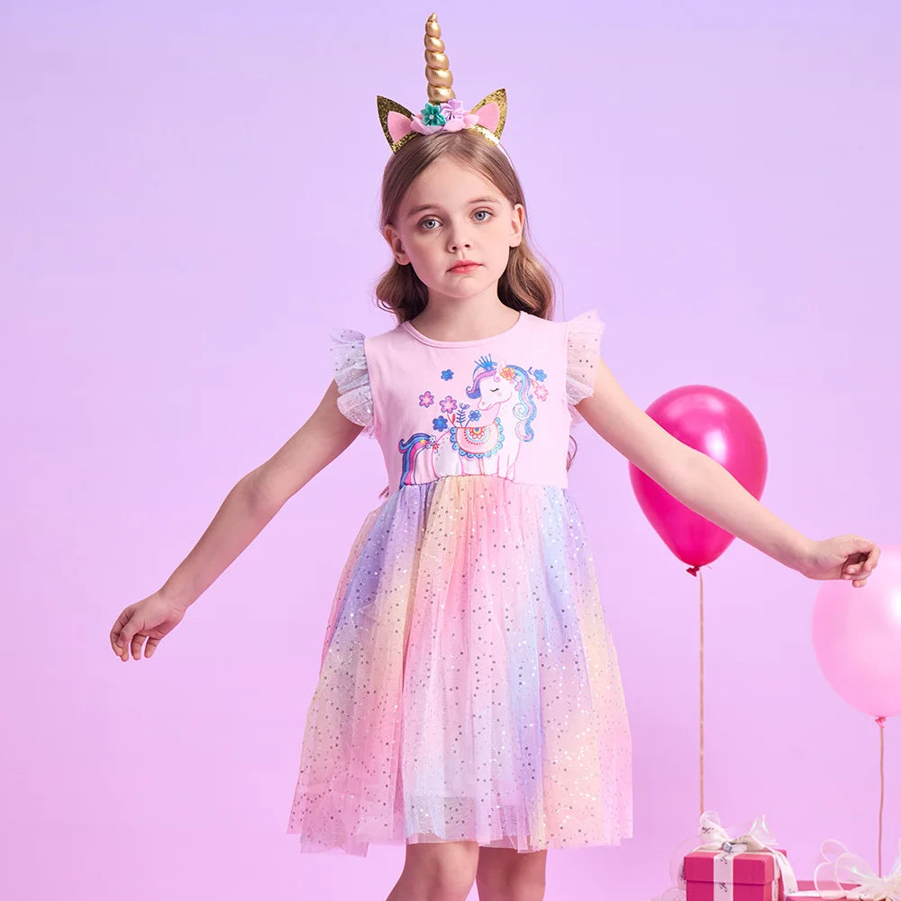 VIKITA Kids Flare Sleeve Summer Dress Girls Unicorn Flower Print Dresses Girls Pink Princess Birthday Party Gradient Cute Dress