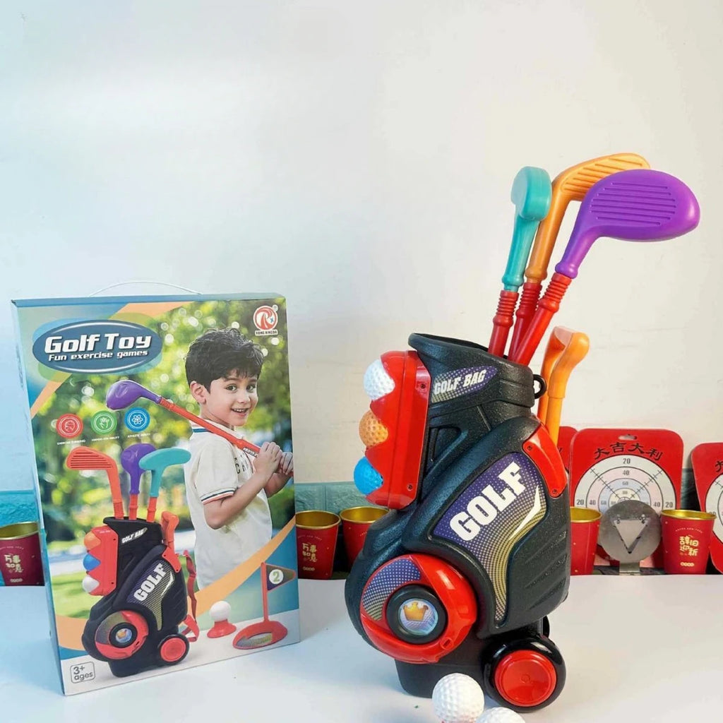 Toddler Golf Club Set Kids Golf Cart with Wheels Shoulder Strap Indoor & Outdoor Sports Toys Christmas Gift for Boys Girls