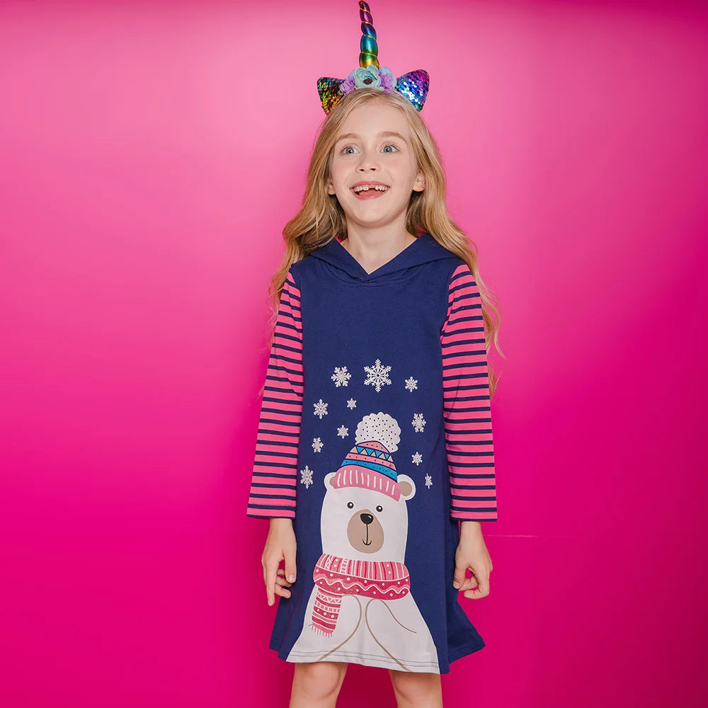 Girls Autumn Winter Hooded Dress Kids Cartoon Snowflakes Striped Straight Dresses Christmas Parties Daily Casual Cotton Dresses