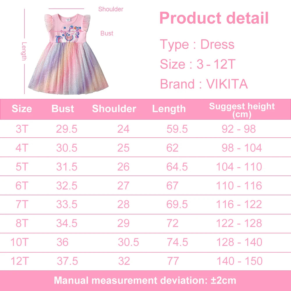 VIKITA Kids Flare Sleeve Summer Dress Girls Unicorn Flower Print Dresses Girls Pink Princess Birthday Party Gradient Cute Dress