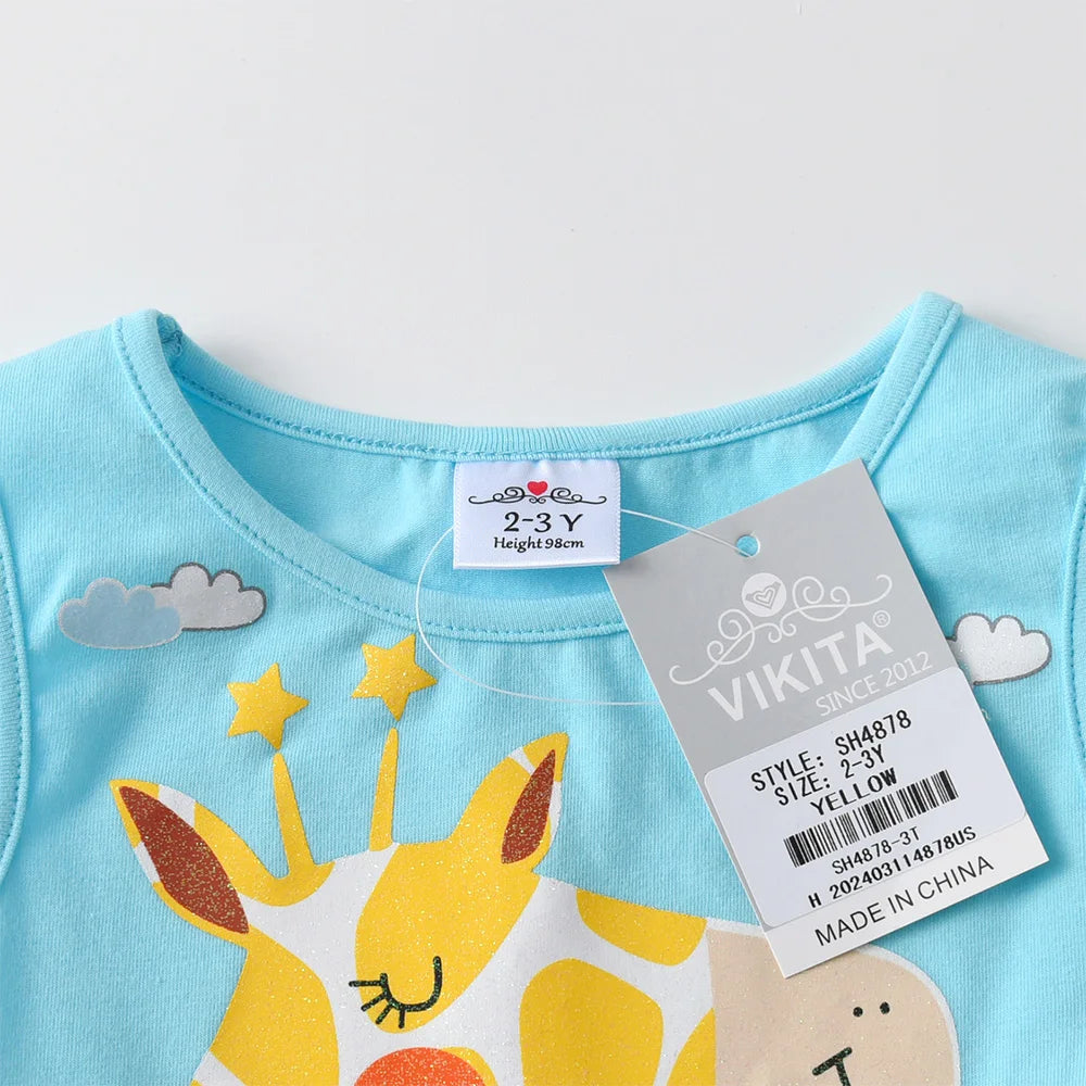 VIKITA Girls Sleeveless Summer Patchwork Dress Kids Giraffe Cartoon Print Infantil Vestidos Kids Mesh Tulle Party Casual Dresses