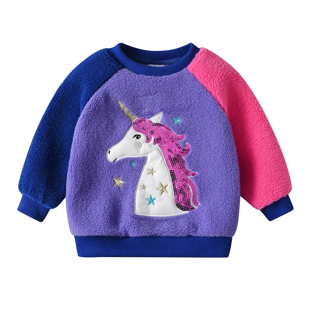 VIKITA Kids Fleece Thick Sweatshirt Girls Unicorn Sequined Cartoon Pullover Outerwear Kids Autumn Winter Warm Sports Sweatshirts