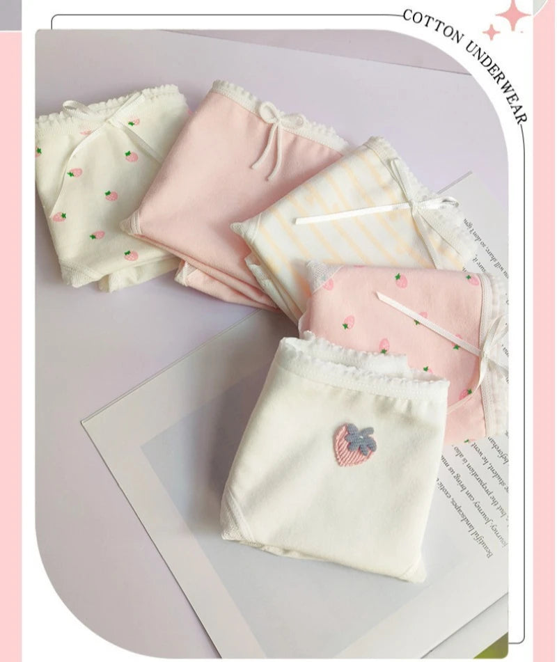 5PCS Girls Cotton Soft Antibacterial Briefs Kids Pink Strawberry Print Knickers 7+y Young Children Breathable Comfort Underwears