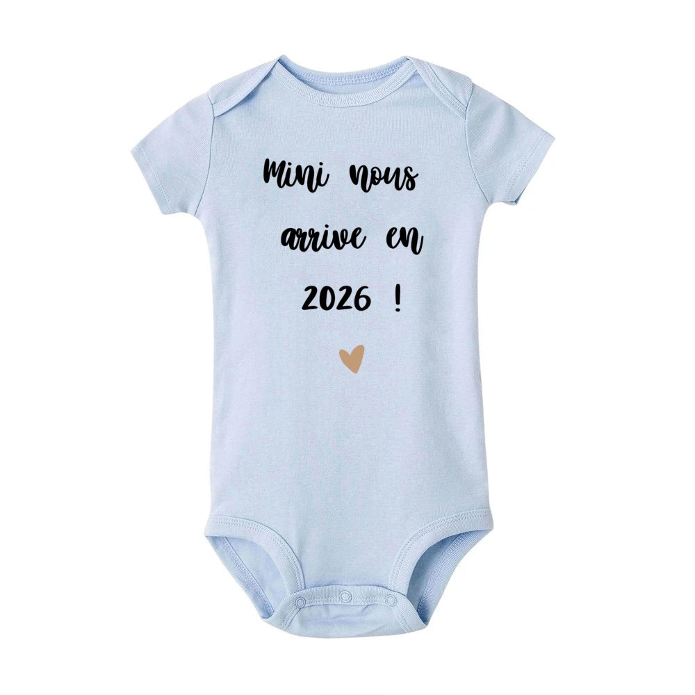 Mini Nous Arrive on 2026 Infant Romper Baby Casual Short Sleeve Jumpsuit Newborn Rompers Pregnancy Reveal Clothes