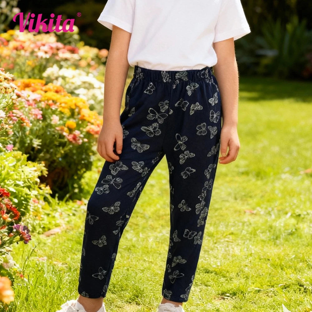 VIKITA Girls Cotton Casual Trousers Kids Butterfly Print Navy Blue Cozy Fashion Leggings Pants Children Bottoms Wear 2 3 10 12Y