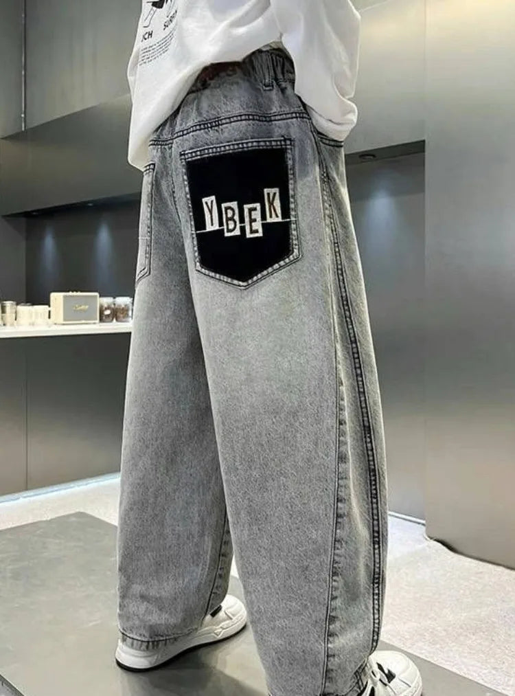 Light Grey Boys' Denim Pants Spring Autumn Casual Relaxed Fit Medium To Large Kids Jeans