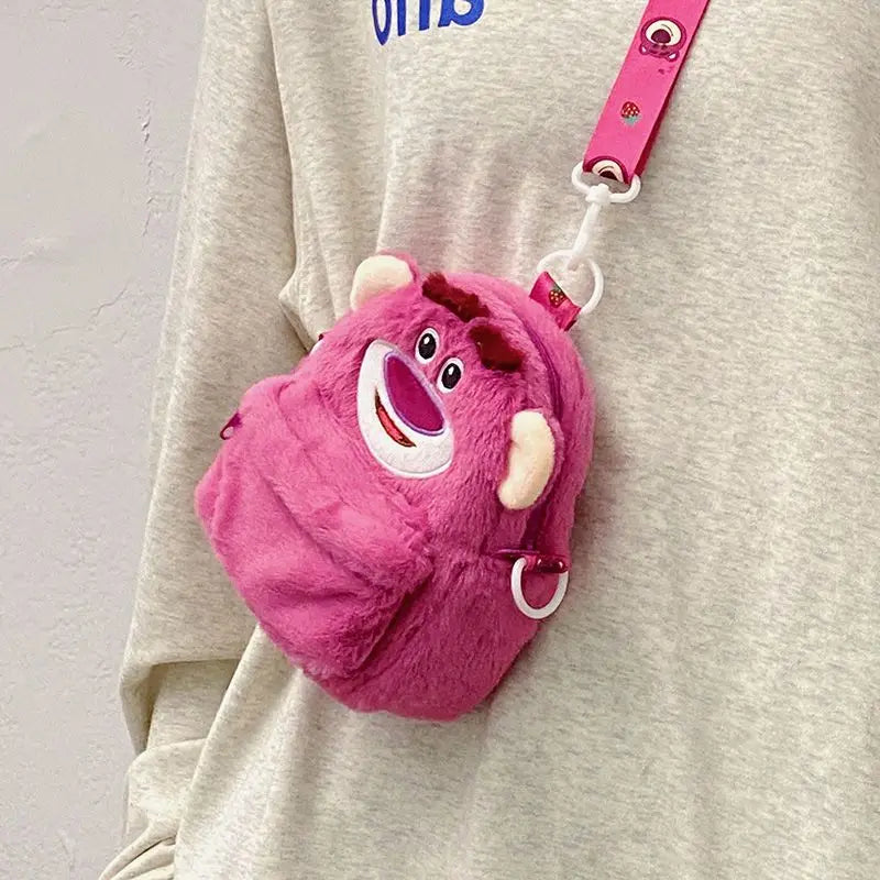 Disney Strawberry Bear 2025 New Girl Plush Backpack Cartoon Children Plush Messenger Bag Fashion Trend Girls Coin Purse