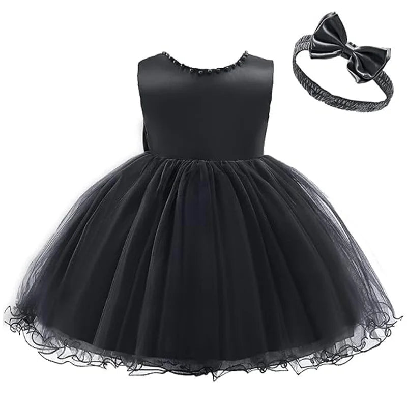 Infant Baby Tulle Backless Pageant Wedding Party Flower Girls Big Bow Dress With Headwear For Toddler Baptism Birthday Prom Gown