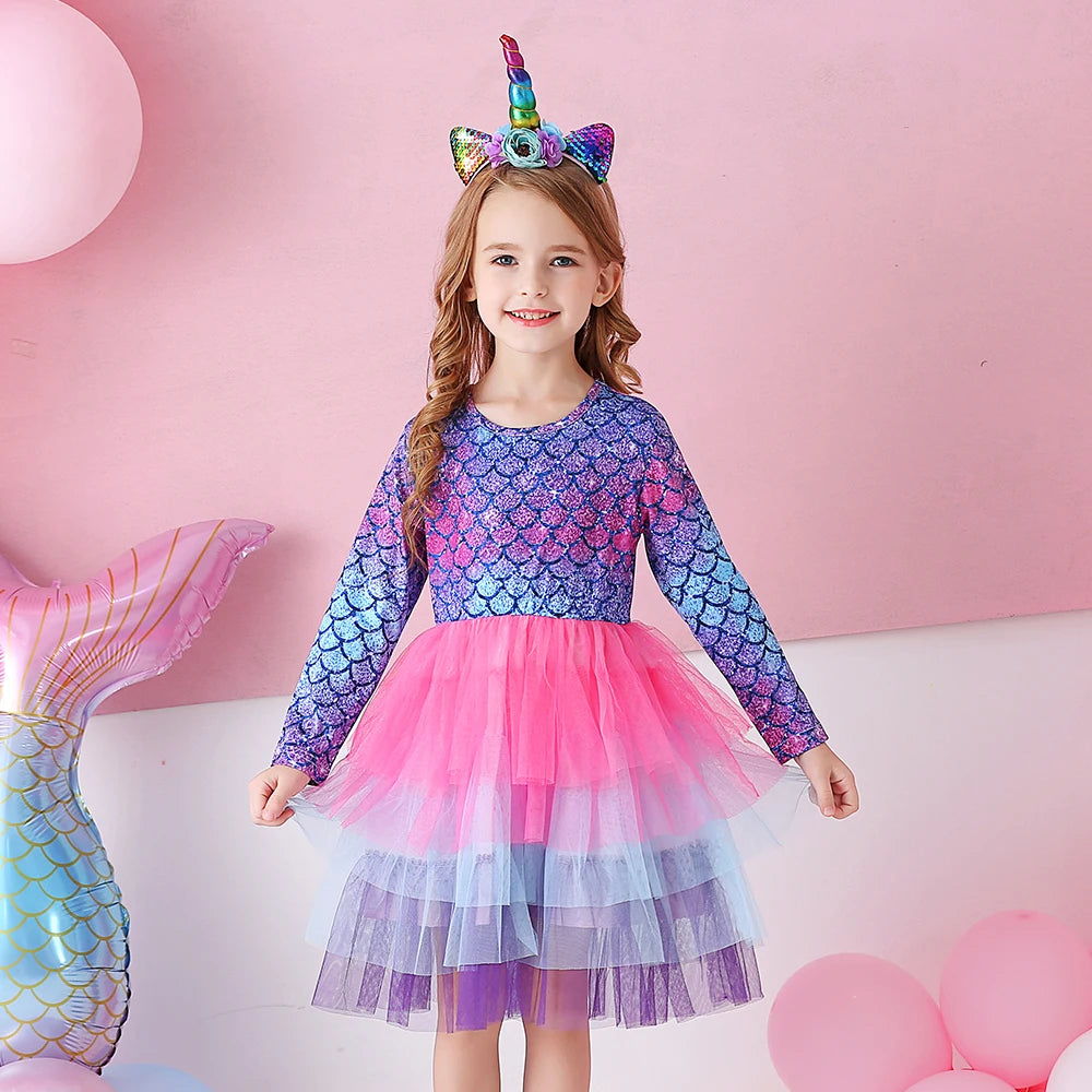VIKITA Kids Long Sleeve Dress Girls Mermaid Print Dresses Kids Gradient Colorful Dress Girl Princess Layered Tulle Tutu Dresses