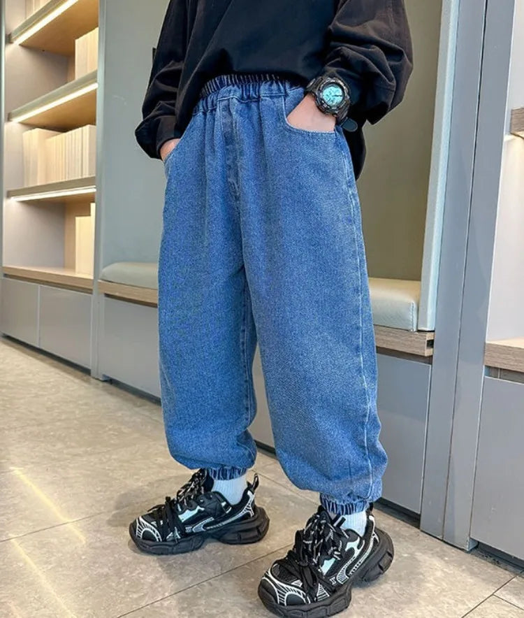 2025 New Boys' Denim Jeans Spring Autumn Kids Casual Sport Pants Long Korean Style Trendy Streetwear