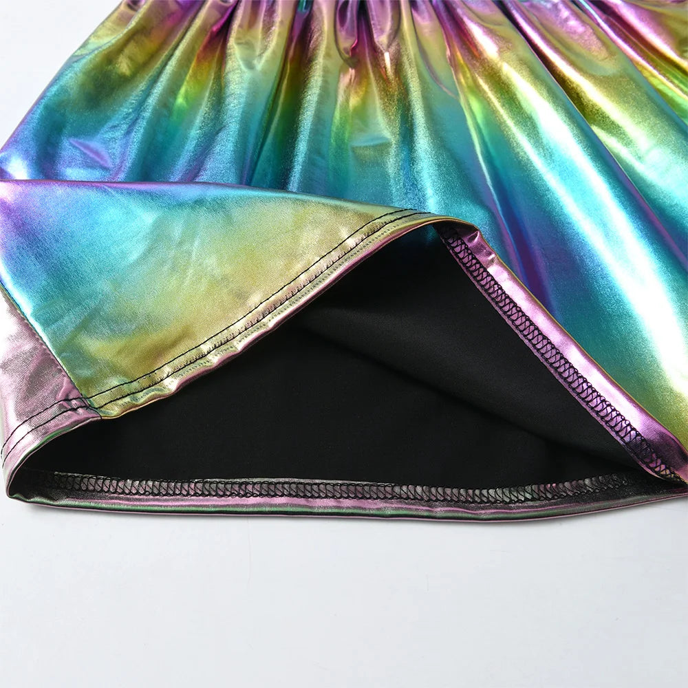 VIKITA Girls Unicorn Cartoon Dress Kids Short Sleeve Summer Dresses Girls Casual Shiny Patchwork Infantil Vestidos Kids Clothes