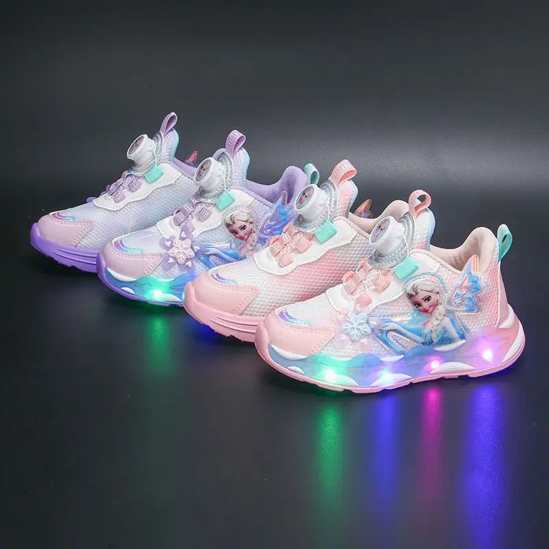 Disney LED Casual Sneakers Spring Girls Frozen Elsa Princess PU Leather Shoes Children Lighted Non-slip Pink Size 23-35