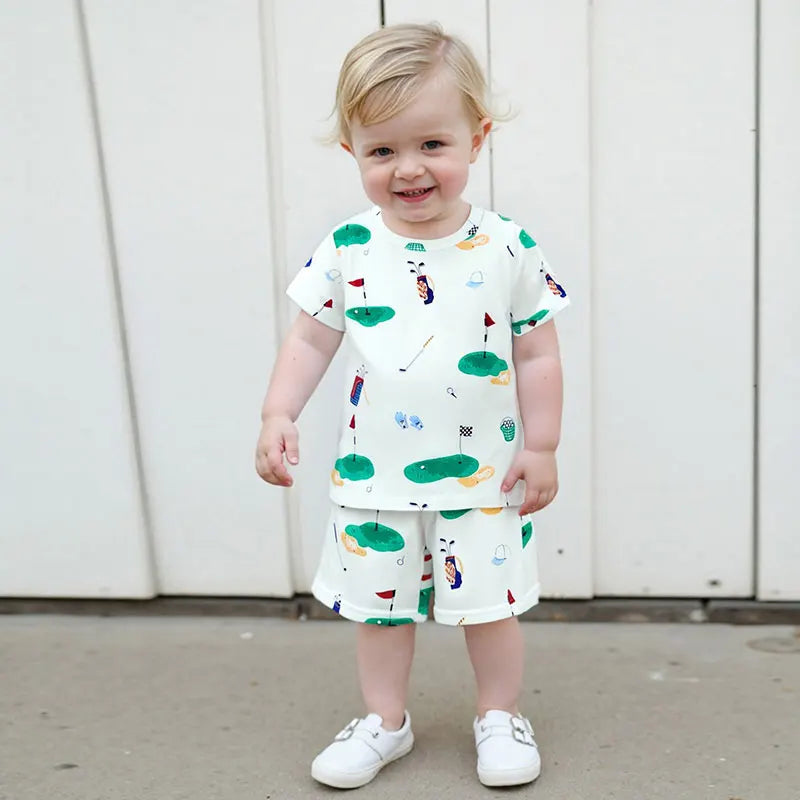 Infant Summer Outfit Set Short Sleeve Round Neck Dinosaur Print T-Shirt and Shorts Baby Boy 2 Piece Clothing Set for Toddler