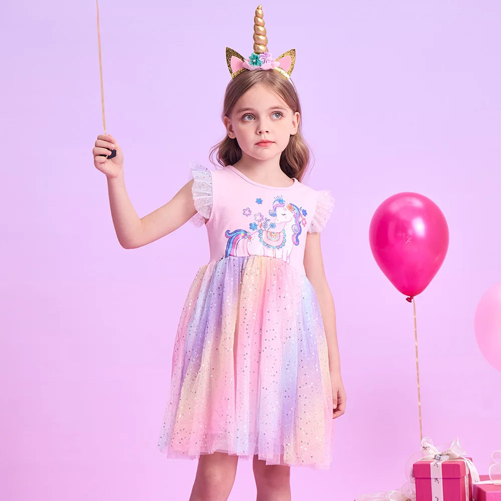 VIKITA Kids Flare Sleeve Summer Dress Girls Unicorn Flower Print Dresses Girls Pink Princess Birthday Party Gradient Cute Dress