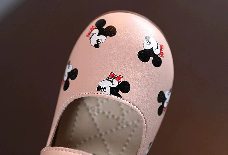 Disney Casual Shoes Kids Mickey Mouse Shoes For Girls Outdoor White Pink PU Leather Children Flats Soft Toddler Size 21-30