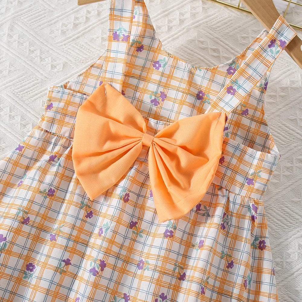 (0-3 Years Old) Summer Baby Girl Cotton Plaid Flower Suspender Dress Cute Bow Beach Dress With Hat