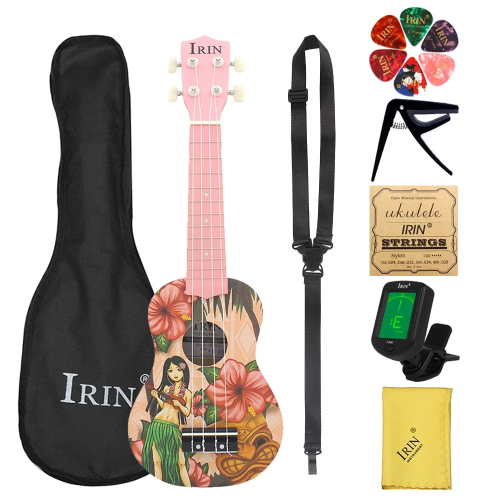 IRIN 21 Inch Ukulele Hawaiian Girl Hawaiian Guitar Musical Instrument 4 Strings Basswood Ukulele Soprano Guitar Tuner Capo Parts