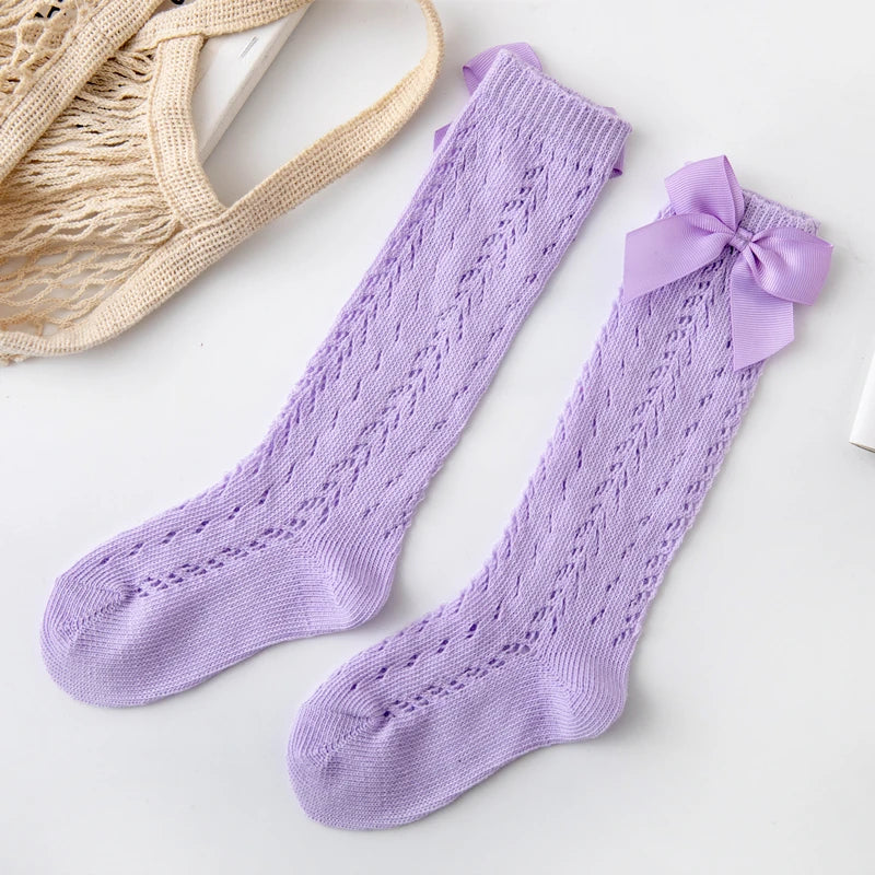 1 Pairs Summer Bow Baby Girls Socks Toddler Long Sock Infant Knee High Cotton Mesh Spanish Style Breathable Socks For 0-8Years