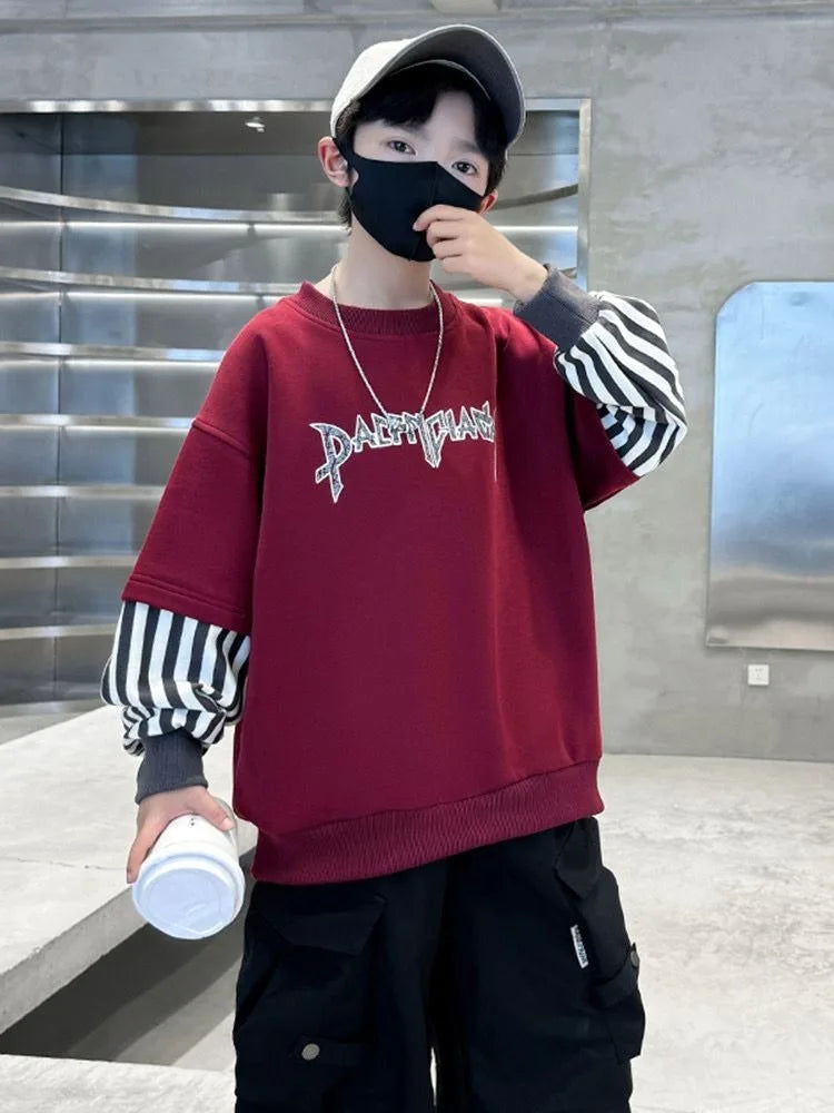 Boys' Medium-Large 2025 New Arrival No Hood Long Sleeve Fake Two-Piece Loose Fit Stylish Sweatshirt for Spring