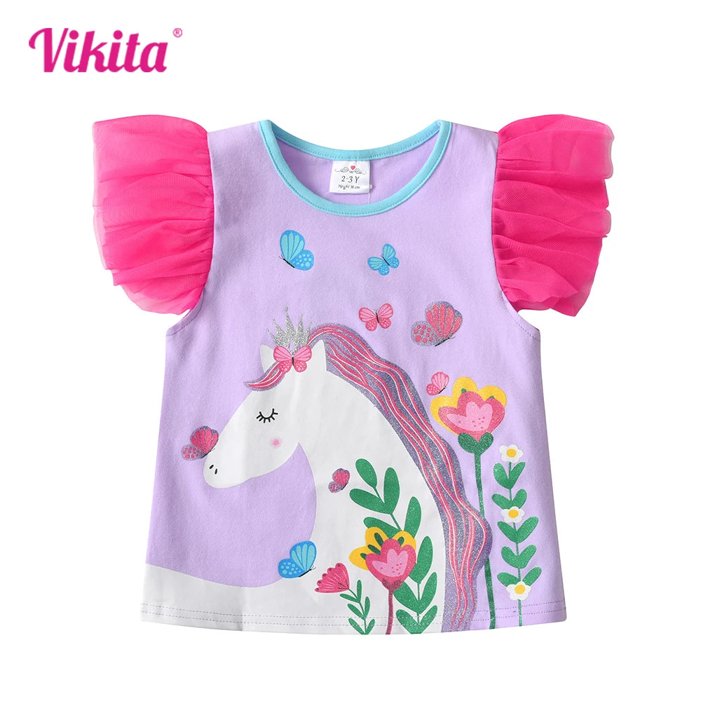 VIKITA Girls Flare Sleeve Summer T Shirt Kids Unicorn Flower Print Cartoon T Shirts Kids Casual Daily School Cotton Casual Tops