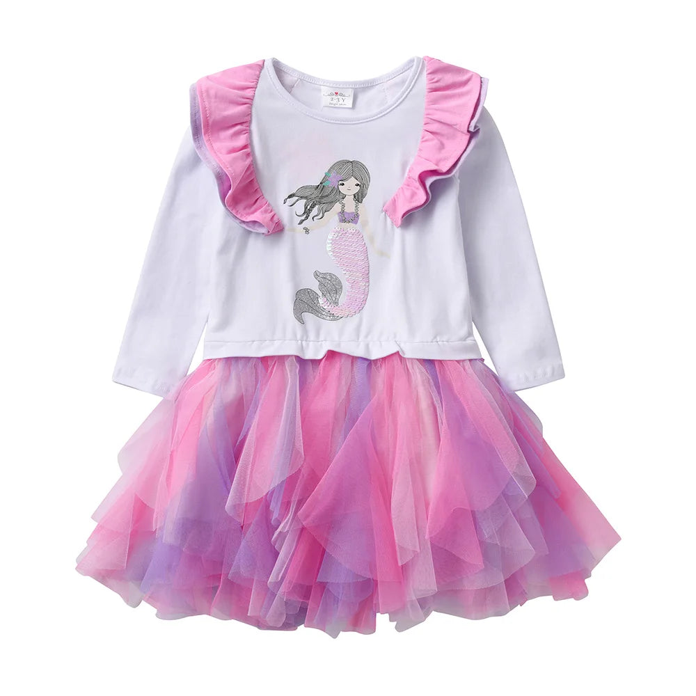 VIKITA Girls Mermaid Sequined Appliqued Cartoon Dress Kids Irregular Mesh Tulle Layered Princess Patchwork Long Sleeve Dresses