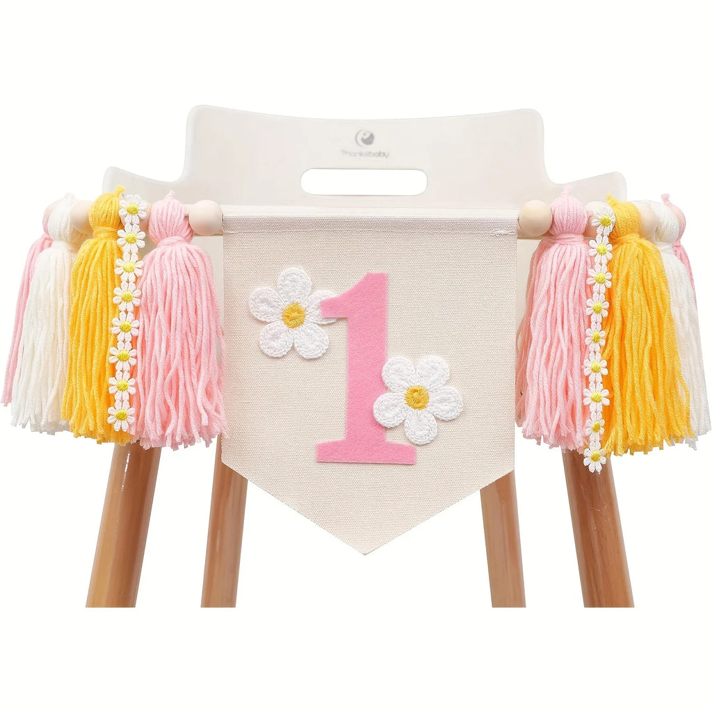Daisy 1st Happy Birthday Banner Highchair Banner Tassels for Girl&Boy Birthday Party Decoration Baby Birthday Photo Props