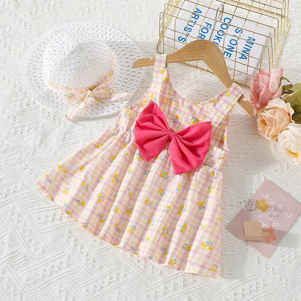 (0-3 Years Old) Summer Baby Girl Cotton Plaid Flower Suspender Dress Cute Bow Beach Dress With Hat