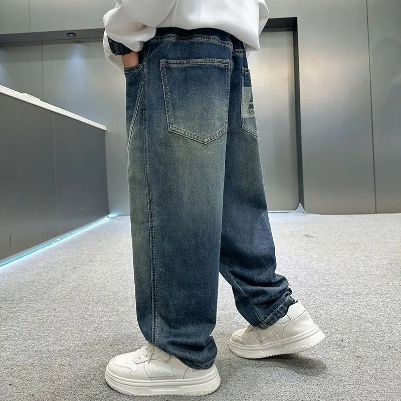 2025 New Korean Style Boys Jeans Spring Autumn Loose Fit Elastic Casual Kids Big Kids Fashion Trendy Jeans