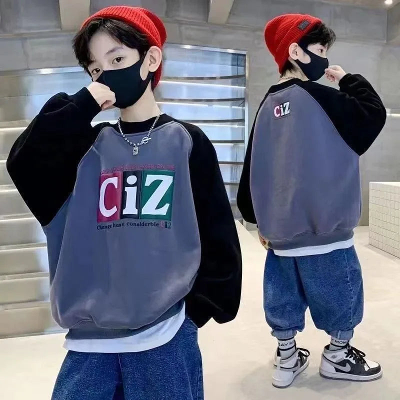 Boys' Medium-Large 2025 New Arrival No Hood Street-Style Korean Trendy Layering Top Kids Sweatshirt for Spring/Autumn