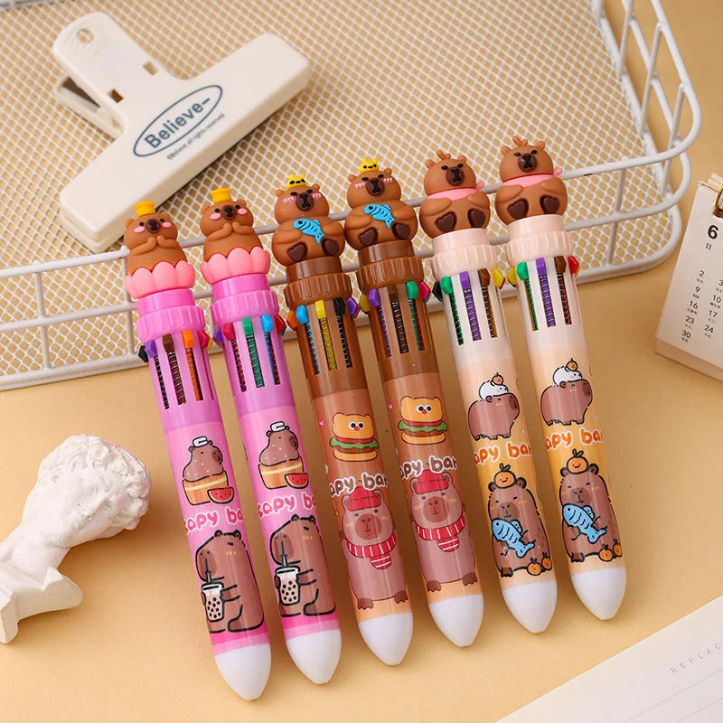 Cute Capybara 36Pcs 10 Color Ballpoint Pen Cartoon Set Capibala Creative Modeling 0.5Mm Multicolor Pen Students Learn Stationery