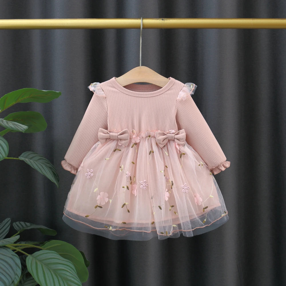 (3 Months -3 Years Old) Autumn And Winter New Pink Baby Girl Princess Dress, Sweet Bow Children'S Long Sleeved Clothes