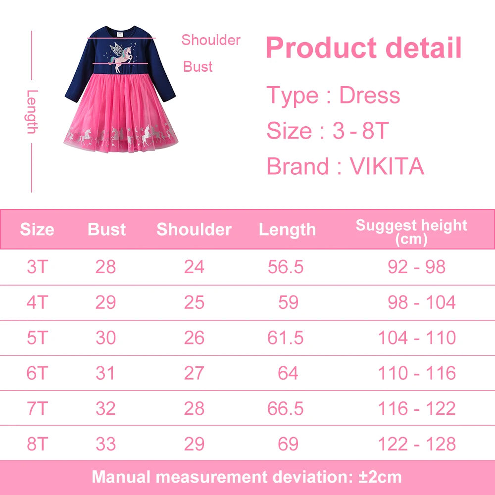 VIKITA Girls Navy Blue Pink Long Sleeve Dress Kids Sparkly Unicorn Print Tulle Mesh Fantasy Party Casual Princess Elegant Dress