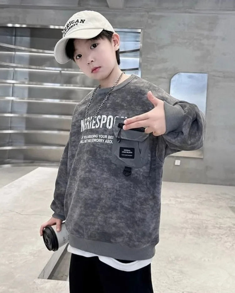 Boys' Middle/Big Kids 2025 New Spring/Autumn Long Sleeve Korean Style Edgy Loose Fit Sweatshirt Tops