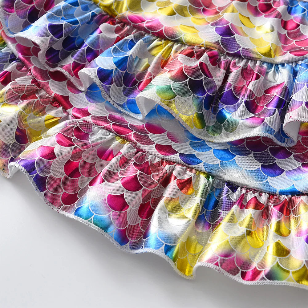 VIKITA Kids Mermaid Print Colorful Summer Skirts Kids Shiny Vacation Party Sequins Ruffles Skirt Fashion Princess Mini Skirts