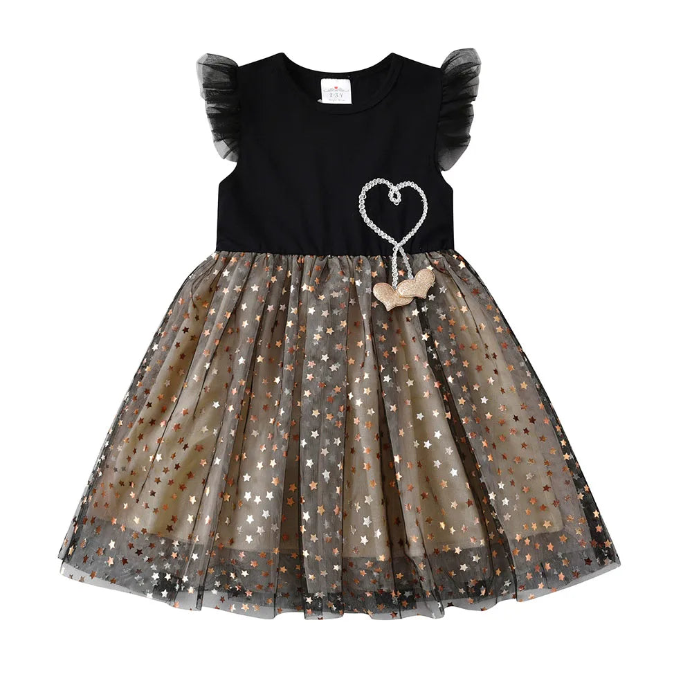 VIKITA Girls Starry Dress Kids Sequins Sleeveless Dresses Kids Elegant Cute Princess Tutu Vestidos Children Summer Tulle Dress