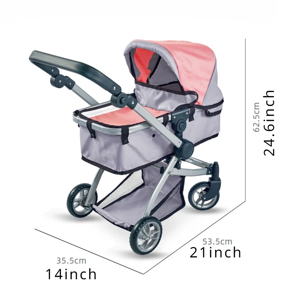 2-in-1 Baby Doll Stroller with Canopy Storage Basket Doll Pushchair Trendy Pram Kids Pretend Play Toy Fits Dolls Up to 18"/45cm